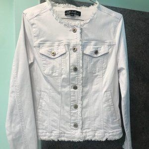 White Denim Jacket with Fringe Trim by Charlie B